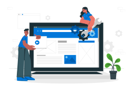 Illustration zeigt zwei Personen, die an einem großen Laptop mit Contao-CMS-Oberfläche arbeiten, eine hält ein Video-Symbol, die andere sitzt auf dem Bildschirm und hält einen Schraubenschlüssel, umgeben von Zahnrädern und einer Pflanze.
