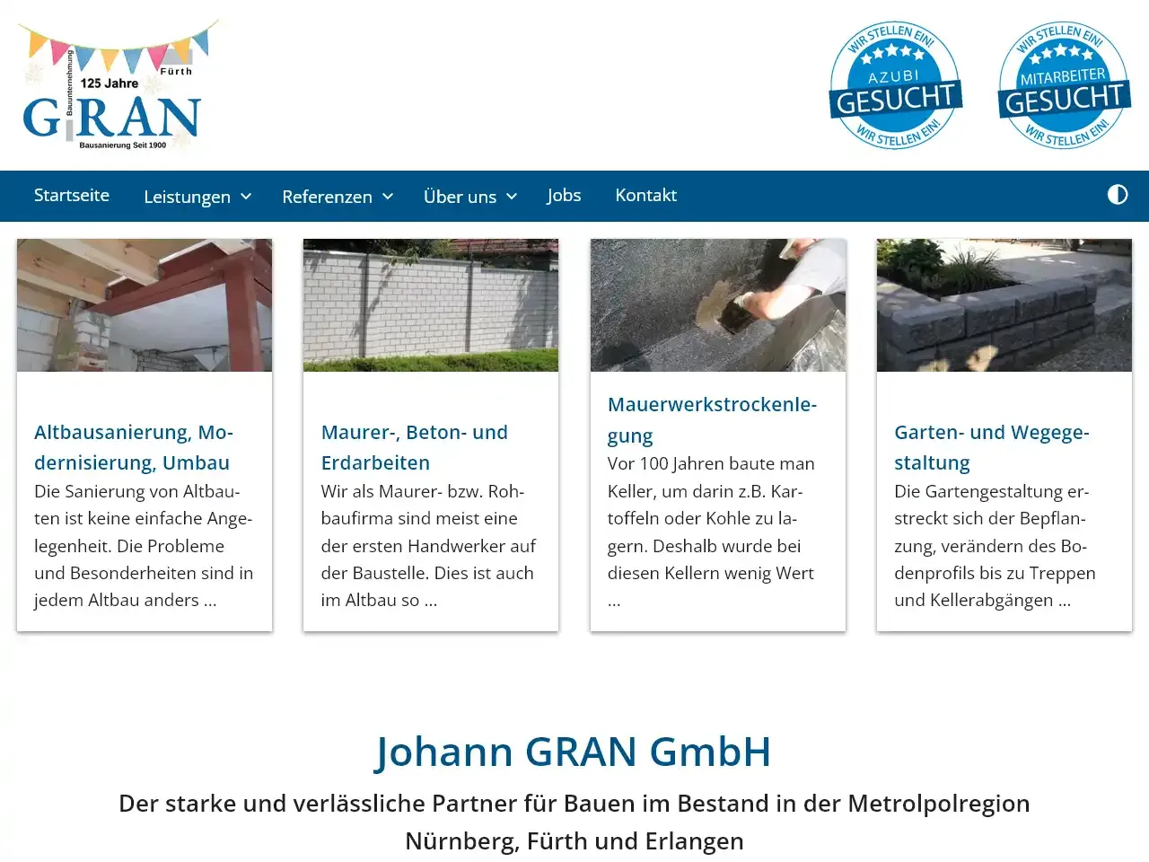 Webseite der Firma Gran GmbHmit Logo, Navigationsleiste, vier Leistungs-Cards in der Mitte und Firmenname plus kurzem Teaser-Text am Seitenende.