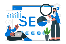 Illustration zu Onpage-SEO mit zwei Personen, die vor einem großen Bildschirm mit SEO-Schriftzug, Diagrammen und Suchleiste interagieren.
