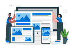 Illustration zeigt zwei Personen, die große Bildschirme mit responsiven Webseiten-Layouts für Desktop, Tablet und Smartphone halten, daneben Pflanze und Zahnräder.