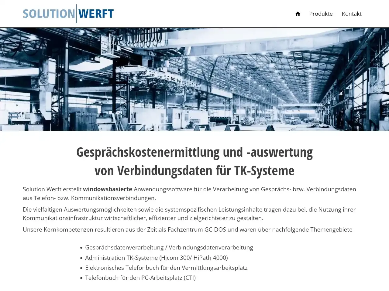 Webseite von Solution Werft mit Logo, Navigation, Industriehallenbild und Text über windowsbasierte Software zur Auswertung von TK-Verbindungsdaten und Administration von TK-Systemen.